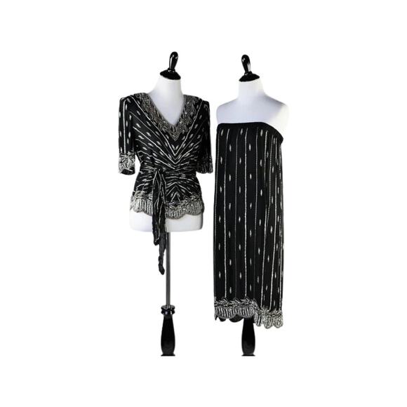Vintage 1980s Black and Silver Sequin Beaded Top and Skirt Judith Ann Medium - Picture 4 of 10